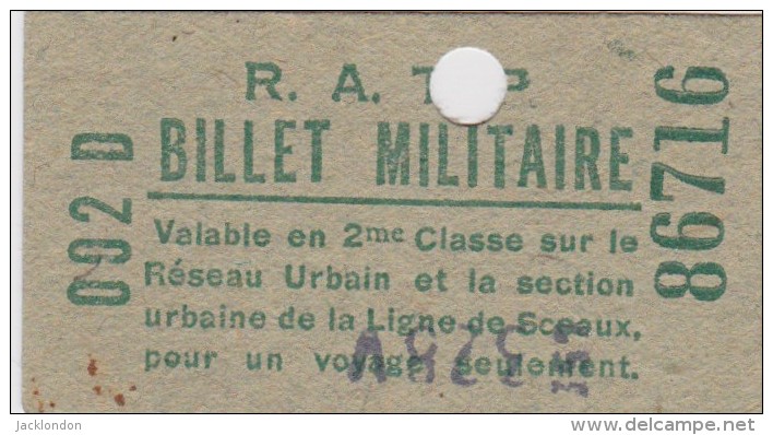 BILLET TICKET  PARIS  RATP Billet Militaire Ligne De Sceaux - Europa