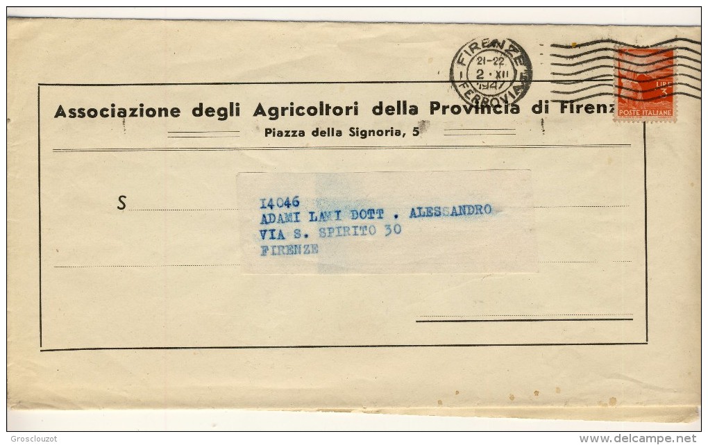 Bollettino Associazione Agricoltori 2.12.1947 Affrancato Con N. 553 L. 3 Democratica - 1946-60: Storia Postale