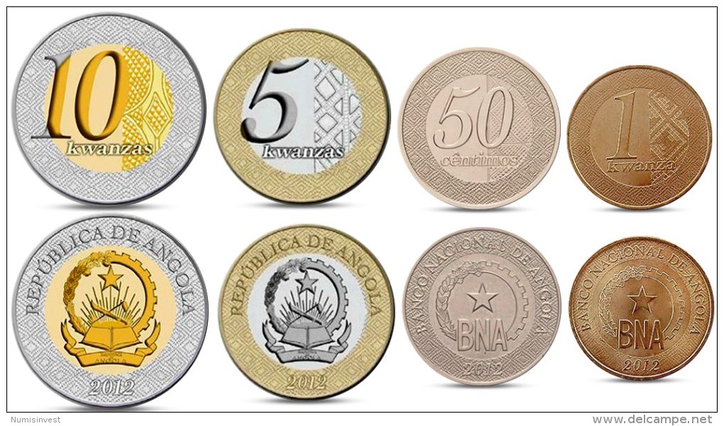 ANGOLA CURRENCY SET 4 COINS 50 CENTIMOS, 1, 5, 10 KWANZAS BIMETALL 2012 UNC - Angola