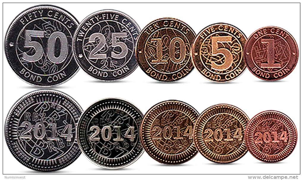 ZIMBABWE CURRENCY SET 1, 5, 10, 25, 50 CENTS BOND COINS 2014 UNC - Zimbabwe