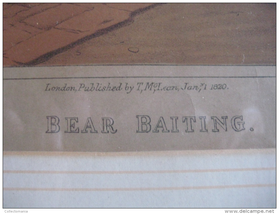 gravure of steendruk London 1820,  BEAR BAITING H. Alken Delft, T. Mac Lean - I, Clark sculpt. - dogs fighting a Bear