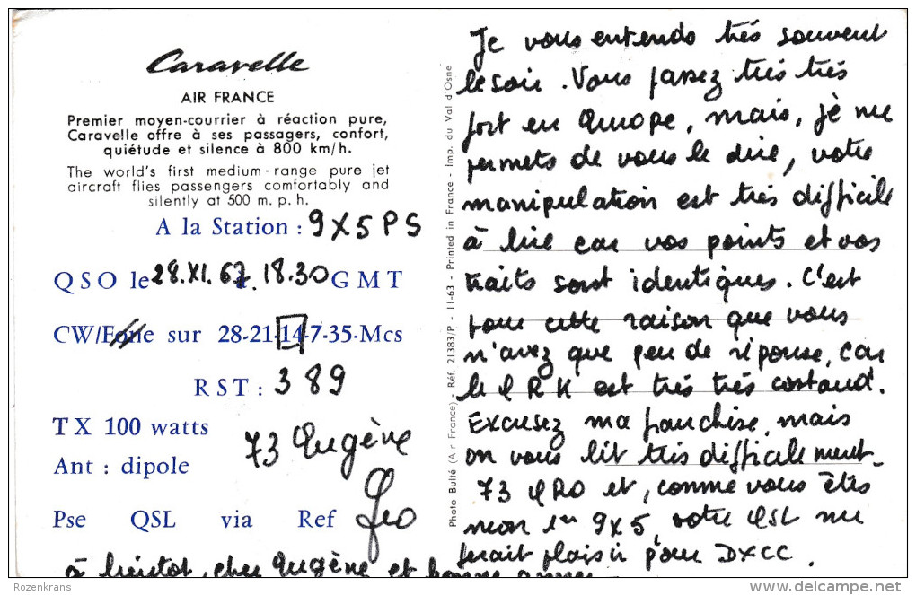 QSL Card Amateur Radio CB 28 November 1967 Air France Aviation Airplane Georges Vialet Oyonnax - Radio Amateur