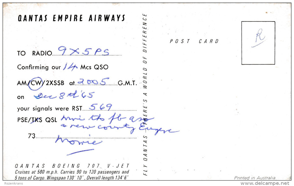 QSL Card Amateur Radio CB 8 December 1965 Qantas Empire Airways Australia Aviation Airplane Boeing 707 V Jet - Radio-amateur