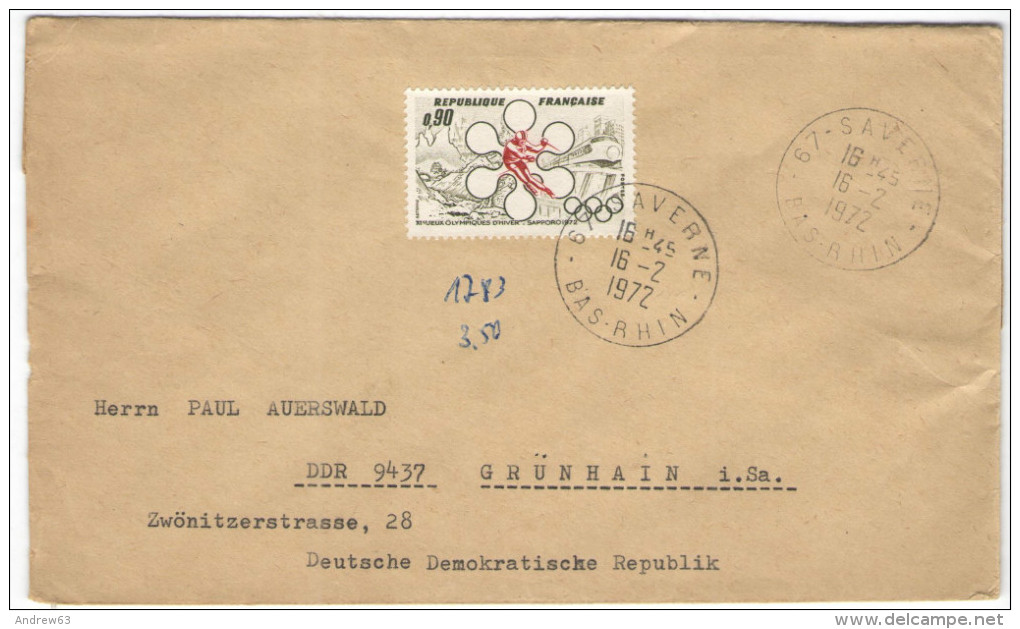 FRANCIA - France - 1972 - XIes Jeux Olympiques D´Hiver De Sapporo - Viaggiata Da Saverne Per Grünhain, Germany DDR - 1961-....