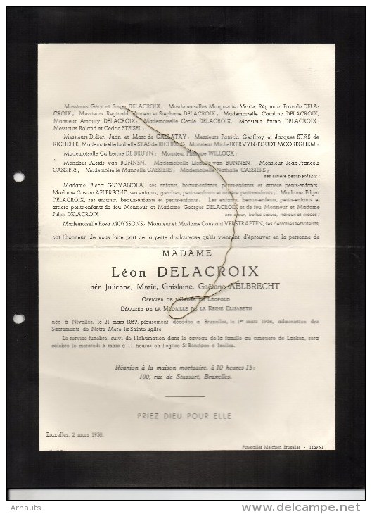 Madame Delacroix Léon Née Aelbrecht °Nivelles Nijvel 1869+1958 Bruxellles Laken Ixelles De Halleux De BRuyn Cassiers Sti - Avvisi Di Necrologio