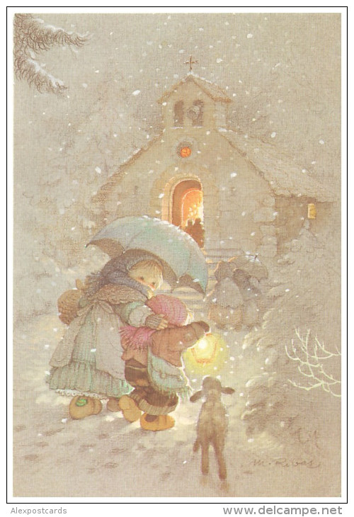 MERRY CHRISTMAS! KIDS, LAMB, CHURCH. Used Double Postcard (Spain) - Altri & Non Classificati