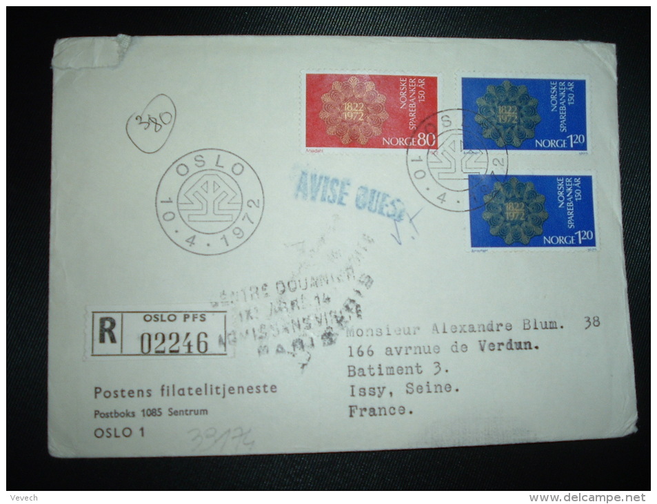 LR Pour La FRANCE TP 1 20 X2 + TP 80 OBL.10.4.1972 OSLO + CENTRE DOUANIER IXe ARRt 14 ADMIS SANS VISITE PARIS - Cartas & Documentos