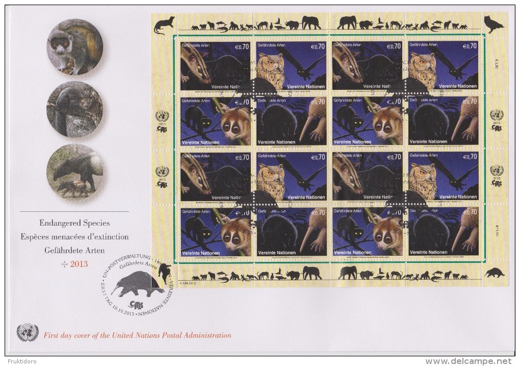 United Nations FDC Mi 793-796 Fullsheet Endangered Species - Banded Civet - Pharaoh Eagle-owl Greater Slow Loris Echidna - FDC