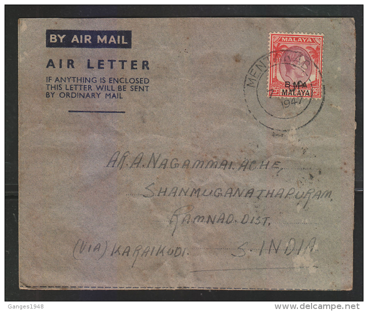 Malaya  1947  BMA 25c MENTAKAB Formula Aerogramme To India   # 88296  Inde  Indien - Malaya (British Military Administration)