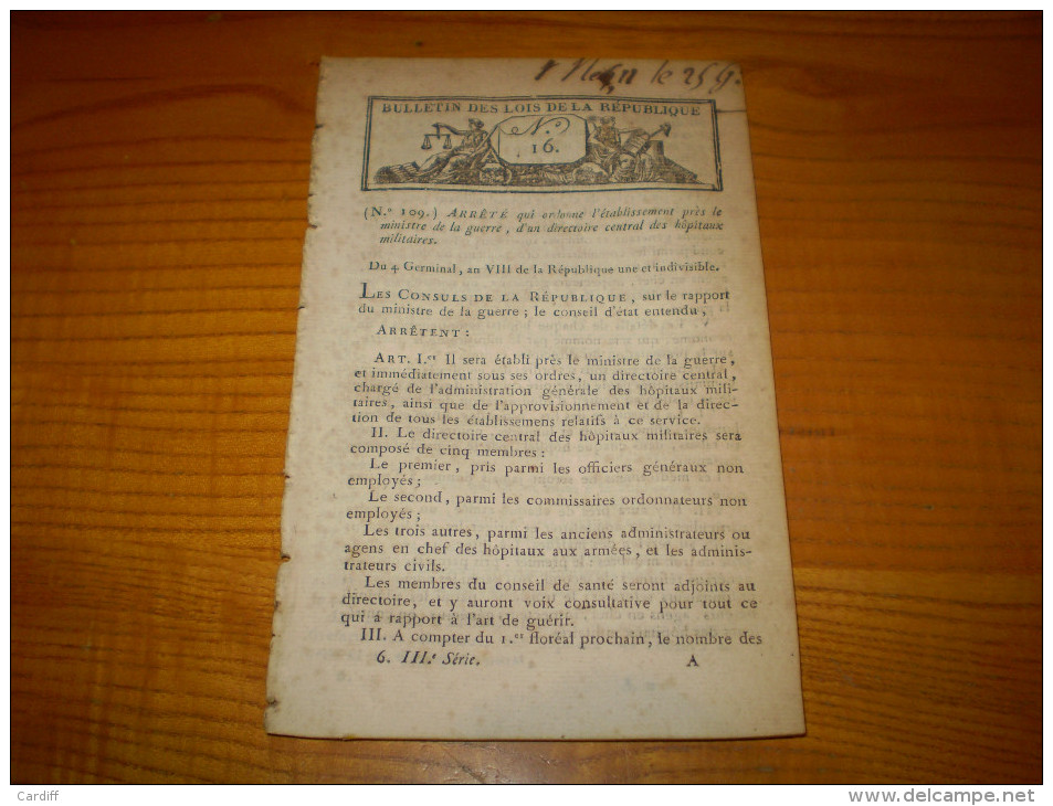 Lois An VIII:Marine:Création Du Conseil Des Prises. Directoire Central Des Hôpitaux Militaires. Officiers De Paix Paris - Décrets & Lois