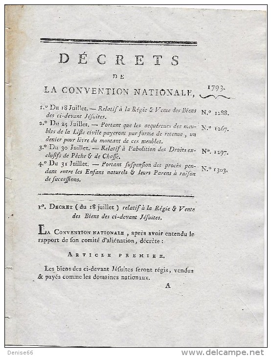 18/31 Juillet 1793  Vente Des Biens Des JÉSUITES, ABOLITION Des Droits De PÊCHE De CHASSE,procès Entre Enfants Naturels - Documents Historiques