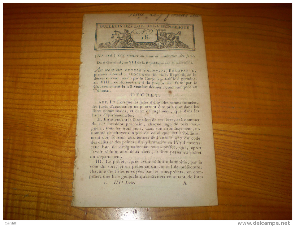 Bulletin Des Lois An VIII: Nomination Des Jurés.Hospice Enfants Abandonnés D' Arras.Cession étang Rueil.Gendarmerie Nle - Décrets & Lois