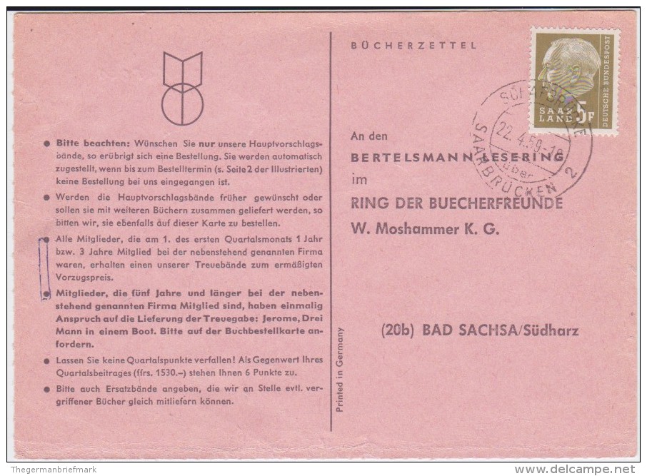 Saarland Mi 411 PSt I Stempel Schafbrücke ü Saarbrücken Kte 1959 - Lettres & Documents