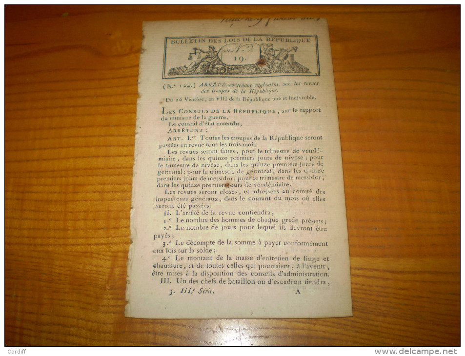 Bulletin Des Lois An VIII: Bonaparte,militaria: Règlement Sur Les Revues Des Troupes. Organisation Corps Des Vétérans N - Décrets & Lois