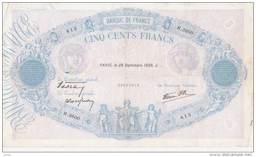 - BILLETS - 500 F - BLEU ET ROSE - N° H . 3600 -613 - 28 SEPTEMBRE 1939 - 500 F 1888-1940 ''Bleu Et Rose''