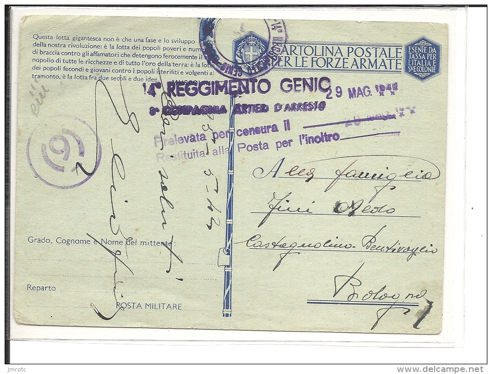 Italie  Carte Militaire  1942  , 14° Régiment Du Génie  (101/102) - Military Mail (PM)