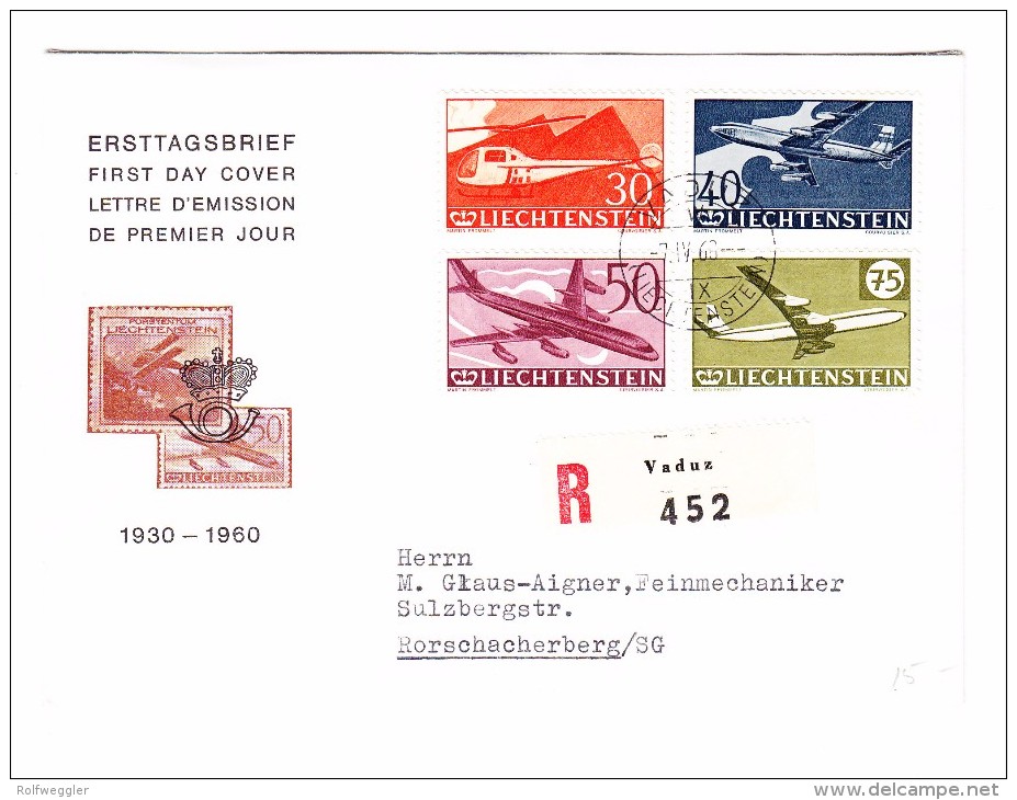 FL - Vaduz 7.4.1960 FDC R-Brief Nach Rorschacherberg SG Mit #F34-F37 - Poste Aérienne