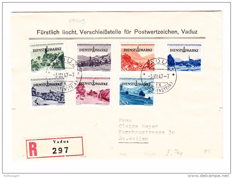 FL - Vaduz 3.7.1947 FDC R-Brief Nach St Gallen Mit Serie #D29-D35 - Service