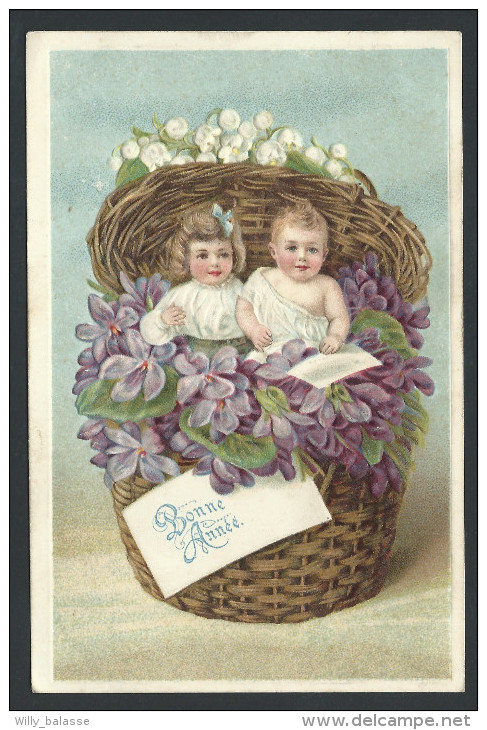 CPA - Carte Fantaisie - Voeux - Bonne Année - Enfant - Fleur Pensée - Muguet - Bébé - Baby - Embossed - Relief    // - Año Nuevo