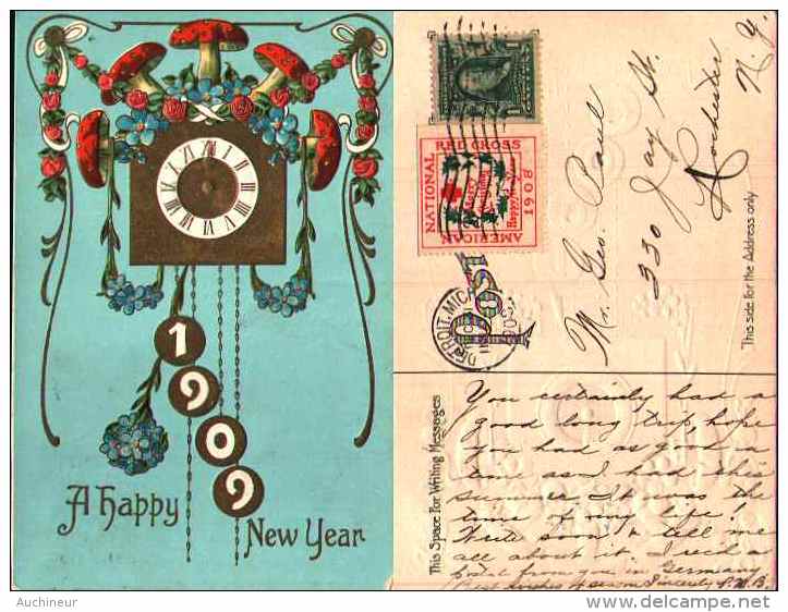 Année Date Millesime - 1909 - Horloge Minuit Champignons - Gaufrée, Embossed Vignette American Red Cross - Nouvel An