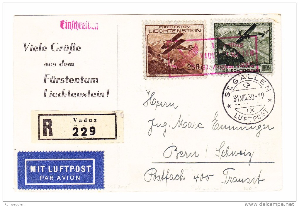 FL - 31.8.1930 Vaduz-St.Gallen 1.Postflug Rot Mit #F3 Und F5 Auf AK Luftschiff Graf Zeppelin Fahrt über Liechtenstein - Poste Aérienne