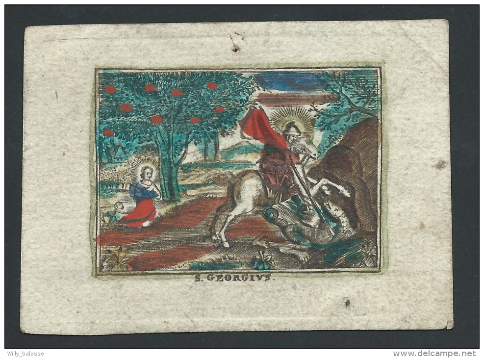 Image Religieuse Colorisée "S GEORGUS" (Saint Georges Tuant Le Dragon) Sur Papier épais Vergé - Devotieprenten