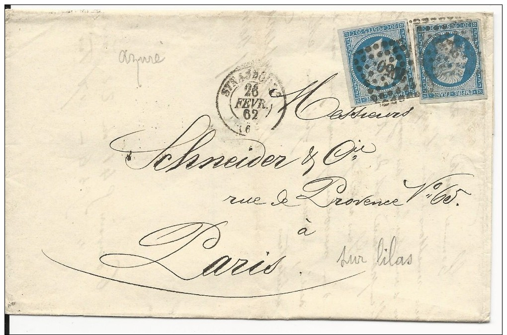 1862 - BAS-RHIN - LETTRE DOUBLE PORT Des CHEMINS De FER De L'EST De STRASBOURG Avec T15 + PC - 1849-1876: Période Classique