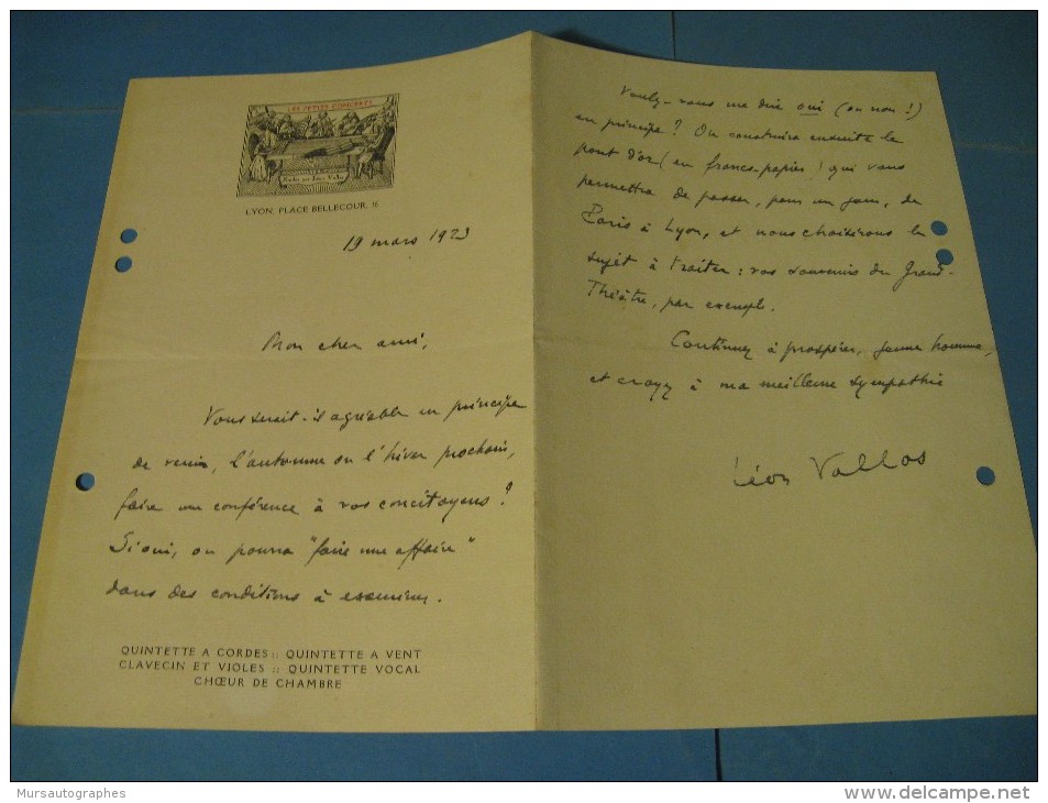 LETTRE AUTOGRAPHE SIGNEE DE LEON VALLAS 1923 MUSICOLOGUE MEDECIN CRITIQUE RADIOFFUSION LYON  à HENRI BERAUD - Autres & Non Classés