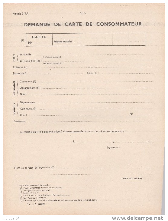 Restriction Rationnement - Demande De Carte De Consommateur - 4 Pages - Neuve - Bons & Nécessité