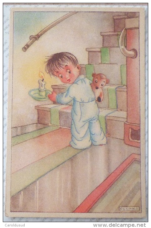 Cpa Litho ILLUSTRATEUR K. L. KAREL LINKS ENFANT Garcon PYJAMA BOUGIE Jouet TEDDY OURS PELUCHE - Links, K.L.