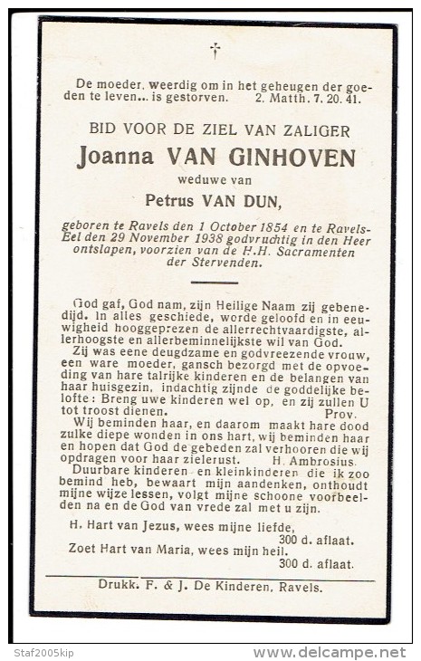 Bidprentje - Joanna VAN GINHOVEN Wed. Petrus VAN DUN - Ravels 1854 -  Ravels Eel 1938 - Images Religieuses