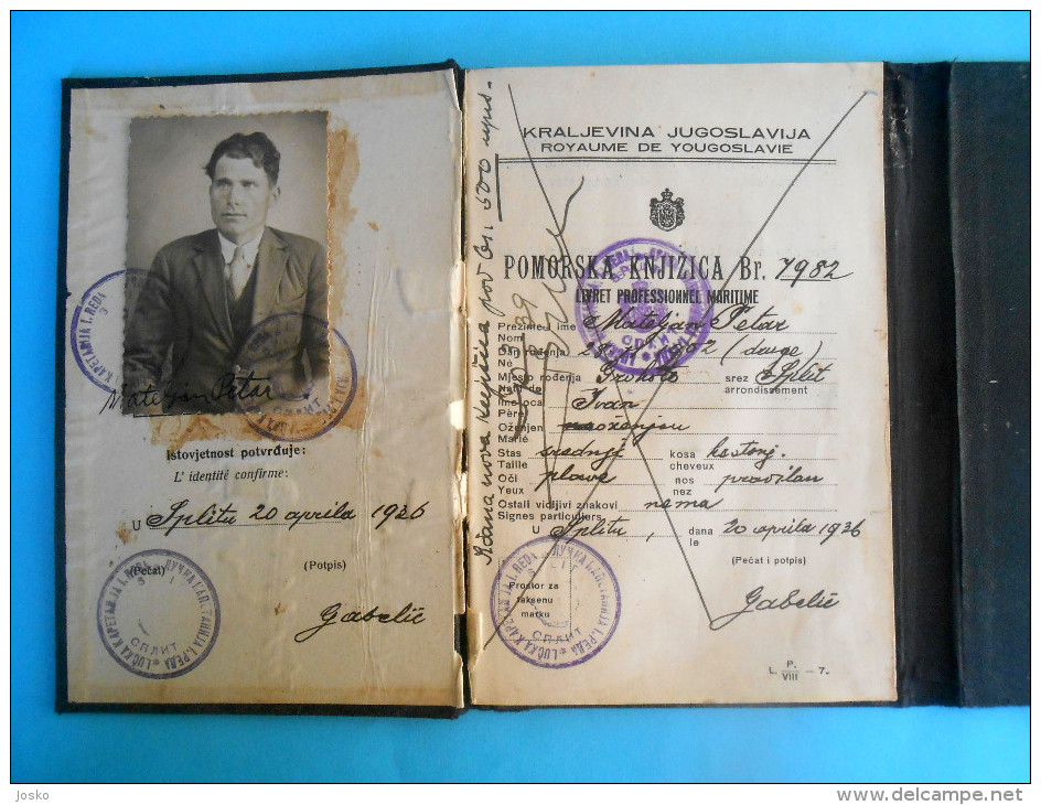 CROATIA ex YUGOSLAVIA SEAMAN'S RECORD BOOK (1936) Grohote Šolta * Seafarer's Identification and Record Book Discharge B.