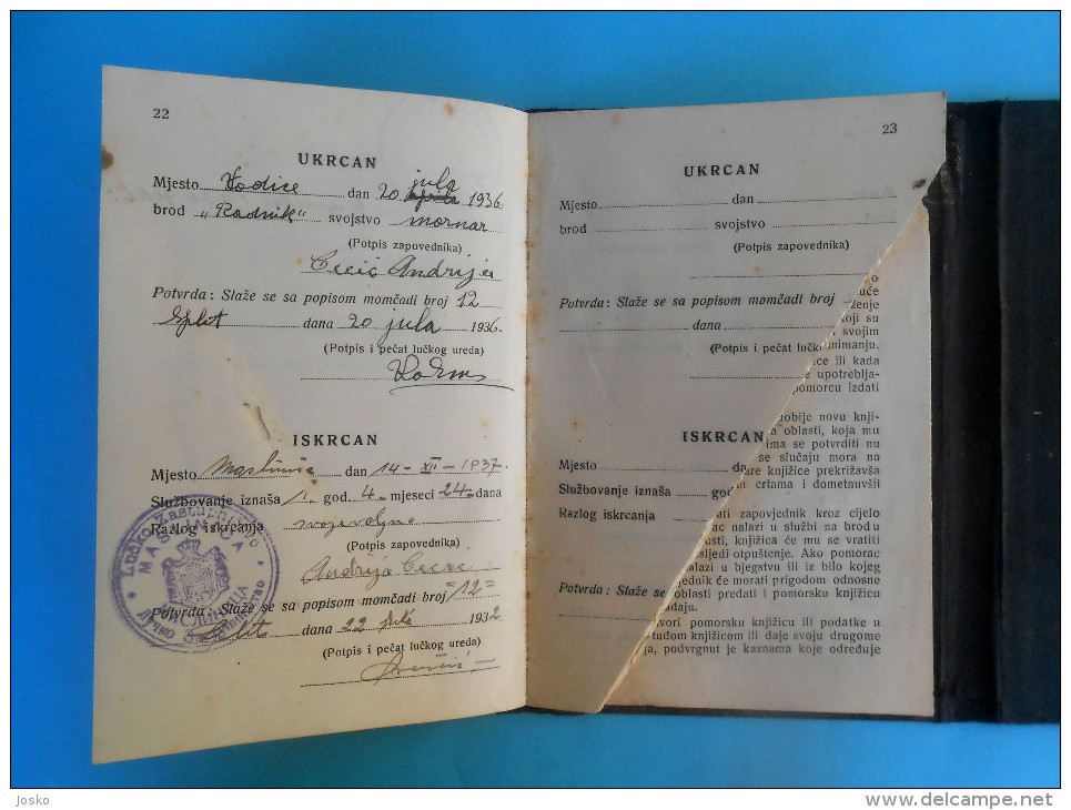 CROATIA ex YUGOSLAVIA SEAMAN'S RECORD BOOK (1936) Grohote Šolta * Seafarer's Identification and Record Book Discharge B.