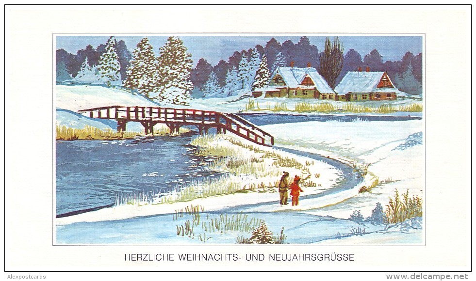 WINTER VILLAGE LANDSCAPE, BRIDGE. Artist J. Sikora, Mouth-painter. Used Double Postcard (Germany) - Altri & Non Classificati