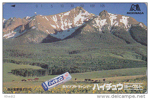 Télécarte Japon - Montagne Alpes Japonaises VACHE & Chewing Gum Au Yaourt - COW Japan Phonecard  * * ONE PUNCH **-  37 - Mountains