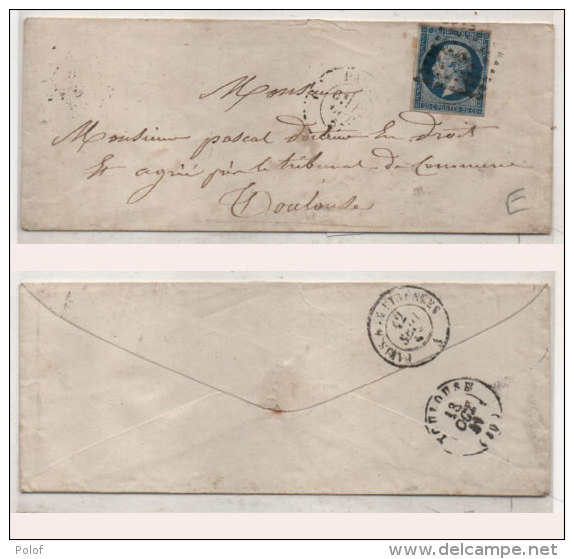 Enveloppe  Adressée De PARIS A TOULOUSE  - Cachet Sur Yvert 14 A (82844) - 1853-1860 Napoléon III