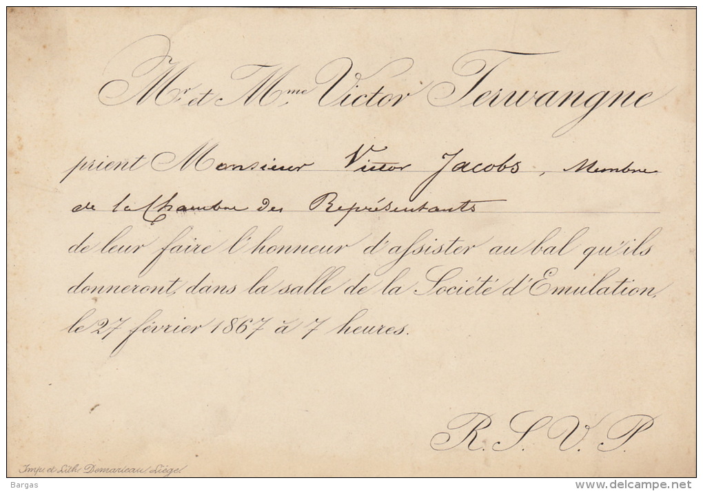 Carton D´invitation Victor Terwangne Bal Société L´émulation Pour Ministre V Jacobs - Other & Unclassified