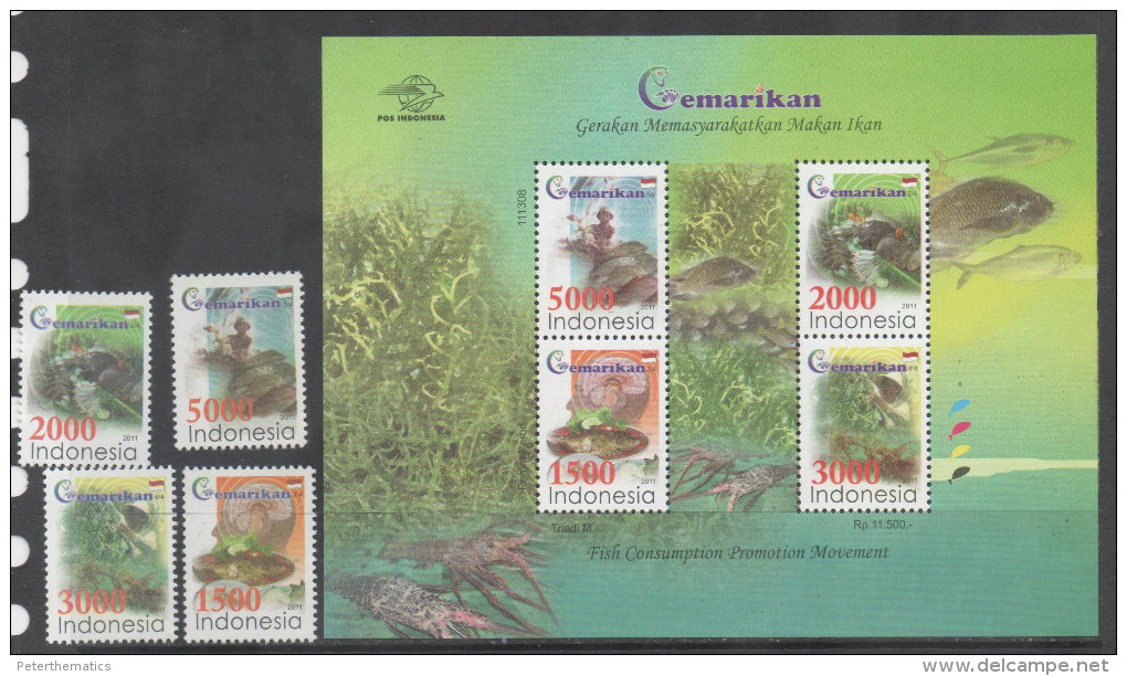 INDONESIA ,2011,MNH,SEAFOOD, FISH, LOBSTERS, SEAWEED, 4v+SHEETLET - Fishes