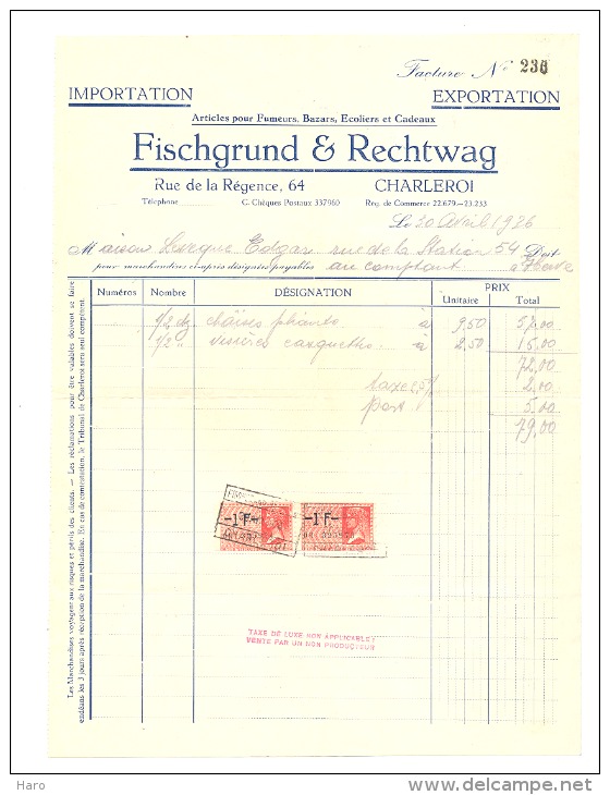 Facture - Import/Export Fischgrund & Rechtwag - CHARLEROI 1936 - Articles Pour Fumeurs, Bazars, ... - 1900 – 1949