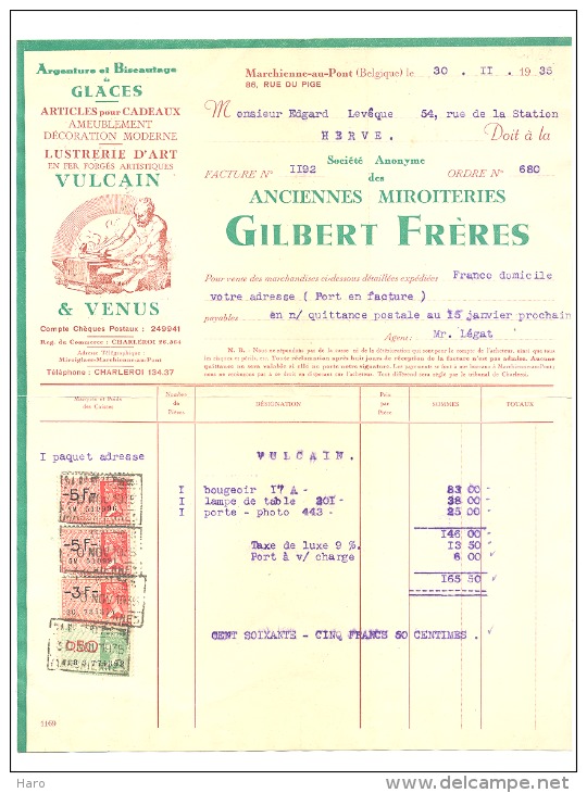 Facture -Miroiteries GILBERT FRERES - MARCHIENNE - AU - PONT  - CHARLEROI 1935 - Articles Pour Fumeurs, Bazars, ... - 1900 – 1949