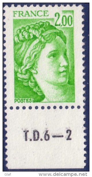 Sabine De Gandon : 2,00 Vert Jaune (n°1977) Avec Numéro De Presse TD6-2 - 1977-1981 Sabine De Gandon