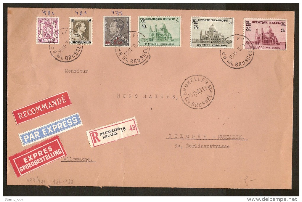 Nrs. 478 , 481 , 482 En 483  AANGETEKEND Verstuurd  Van BRUXELLES Dd. 15/11/1938 Naar KOLN ( DUITSLAND ) ! ZIE LOT 220 - Lettres & Documents