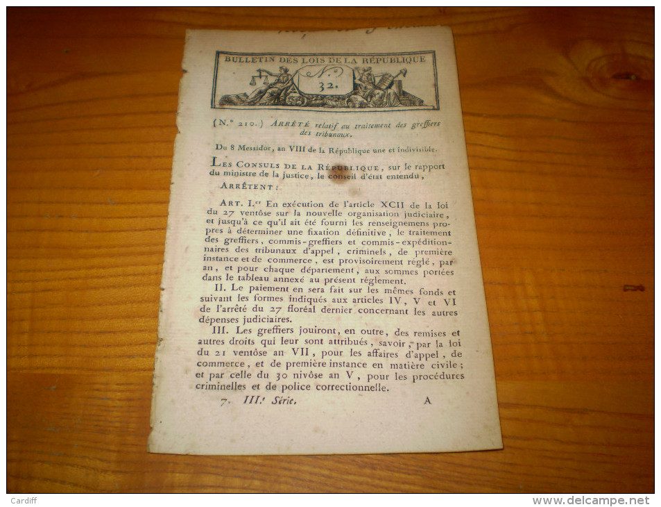 Lois An VIII:Droits Sur Farine Portée Par Le Canal Du Centre.Traitement Greffiers Tribunaux 1ère Instance,appel,criminel - Décrets & Lois