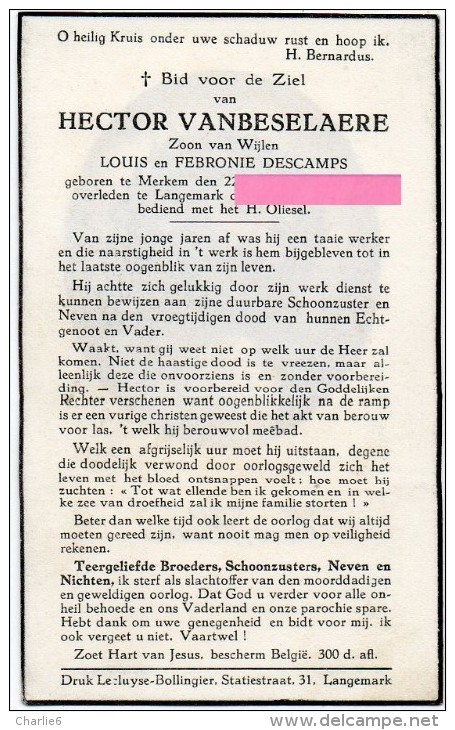 Vanbeselaere Hector Zoon Vincentius Ludovicus  En Febronie Sophie Descamps Merkem Langemark  Bidprentje Doodsprentje - Godsdienst & Esoterisme