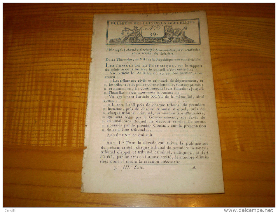 Lois An VIII:Canal De Déviation Du Coesnon.Organisation Officiers De Marine.Militaires Invalides Ayant Vendu Leurs Effet - Décrets & Lois