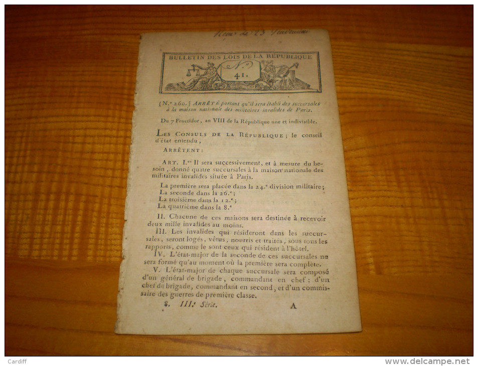 Lois An VIII:Programme Fête 1er Vendémiaire.Marins étrangers En France.Administrations Des Béguinages.Droit De Patente - Décrets & Lois