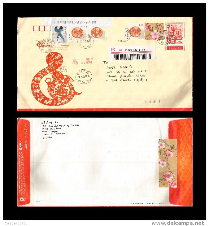 E)2013 CHINA, SNAKE-RABBIT, BIRDS-FLOWERS, POSTAGE PAID, CIRCULATED REGISTERED COVER TO USA, XF - Gebruikt