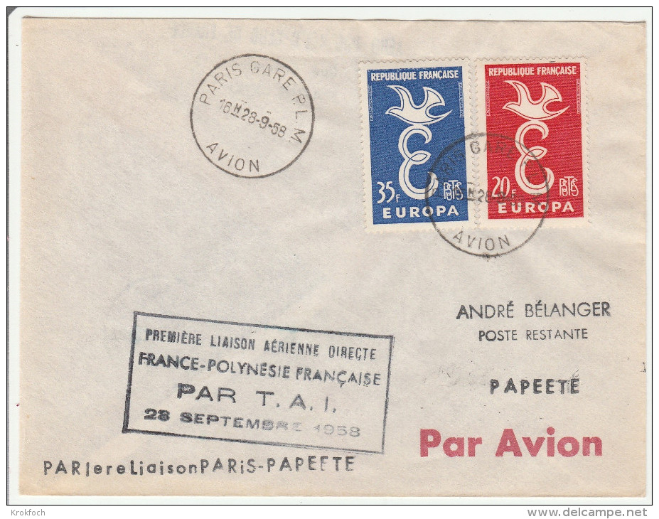 Paris Papeete 1958 - 1er Vol Par TAI - Paris Gare PLM Avion - Covers & Documents