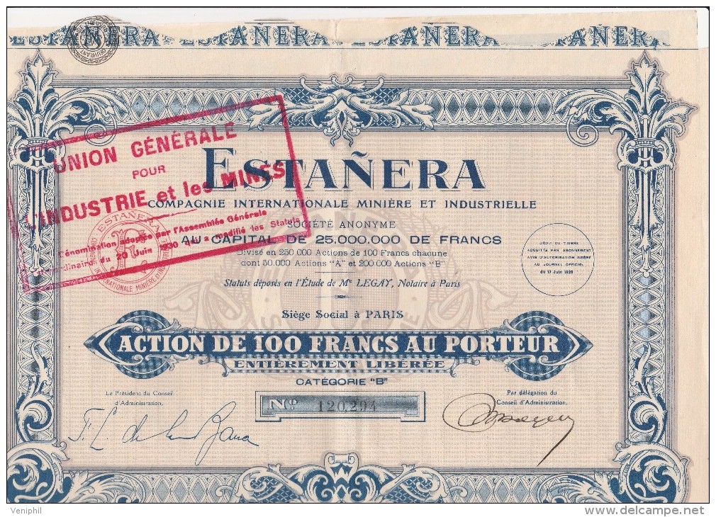 ACTION DE CENT FRANCS - ESTANERA -COMPAGNIE INTERNATIONAL MINIERE -1930 - Mijnen