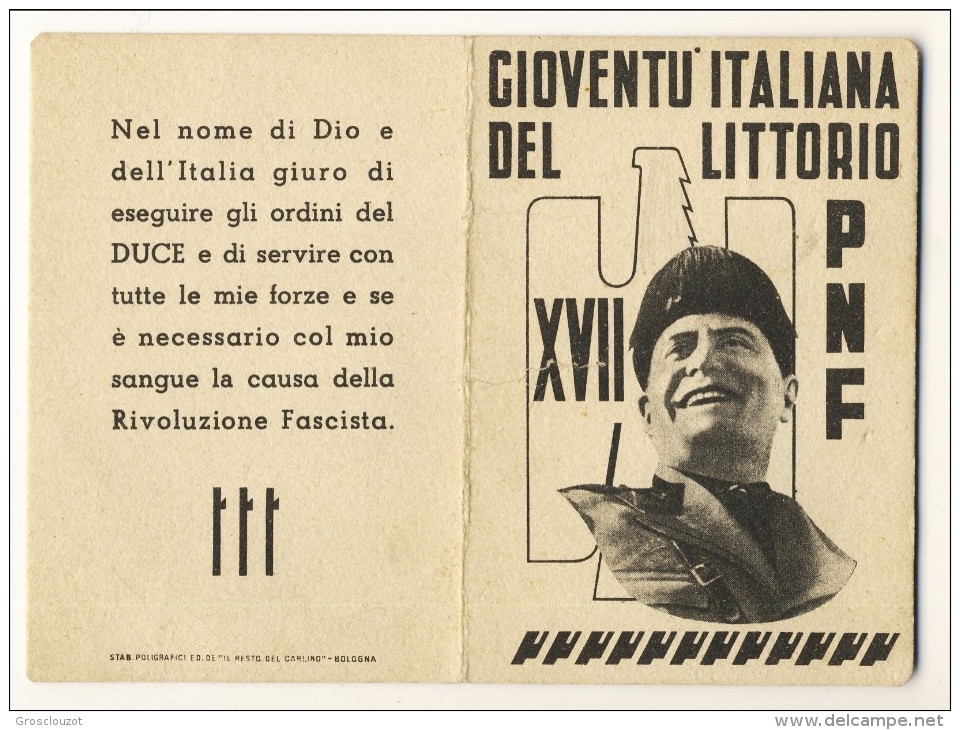 Tessera Gioventù Italiana Del Littorio Anno XVII (1939) - Documenti Storici